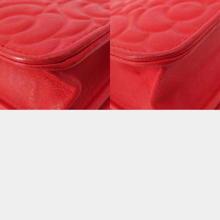 Pre Owned Chanel Red Camellia Leather Embossed Wallet On Chain