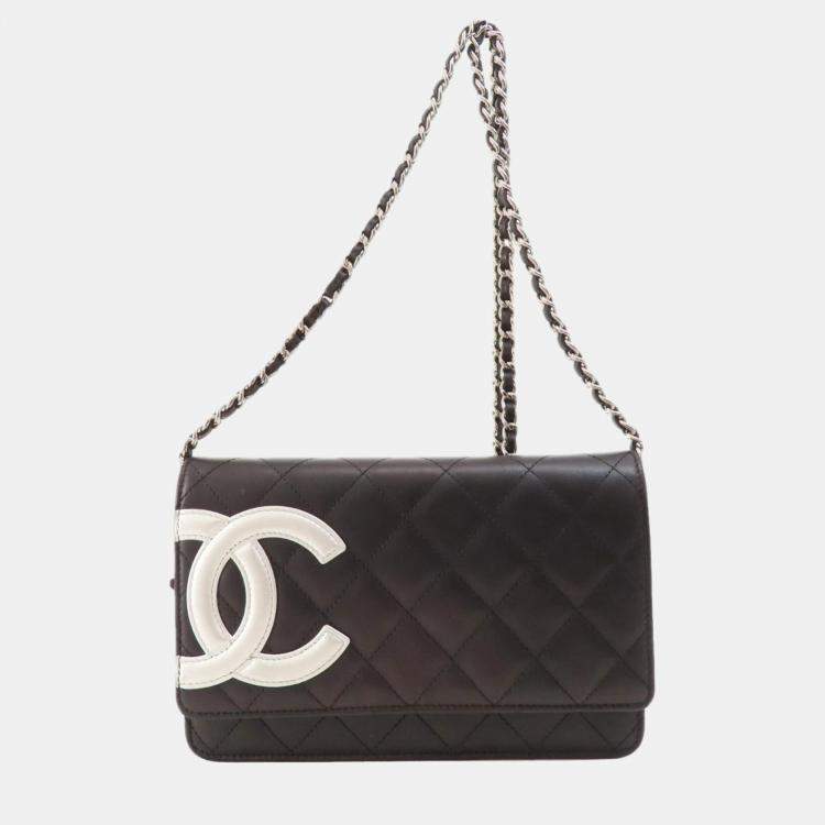 Pre Owned Chanel White/Black Leather Cambon Ligne Wallet On Chain