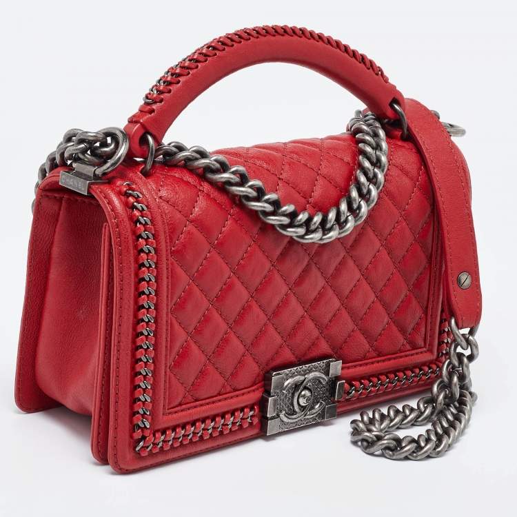 Pre Owned Chanel Red Quilted Leather Medium Chain Around Boy Flap Bag