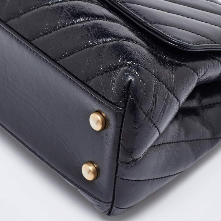 Pre Owned Chanel Black Chevron Glazed Leather Mini Coco Top Handle Bag