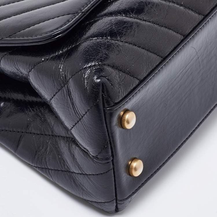 Pre Owned Chanel Black Chevron Glazed Leather Mini Coco Top Handle Bag