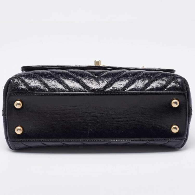 Pre Owned Chanel Black Chevron Glazed Leather Mini Coco Top Handle Bag