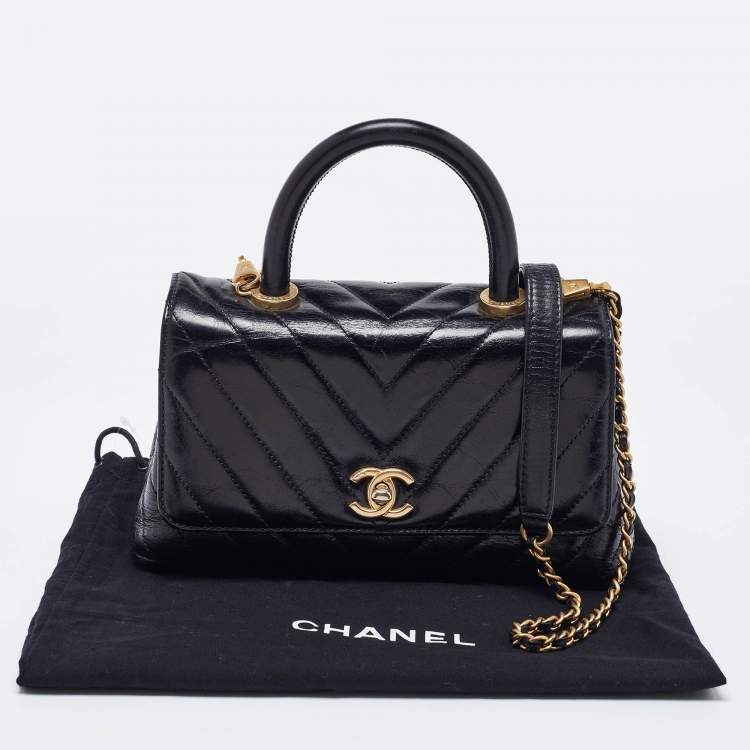 Pre Owned Chanel Black Chevron Glazed Leather Mini Coco Top Handle Bag