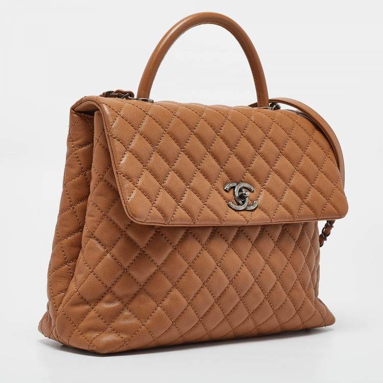 Pre Owned Chanel Brown Caviar Leather Large Quilted Coco Top Handle Bag