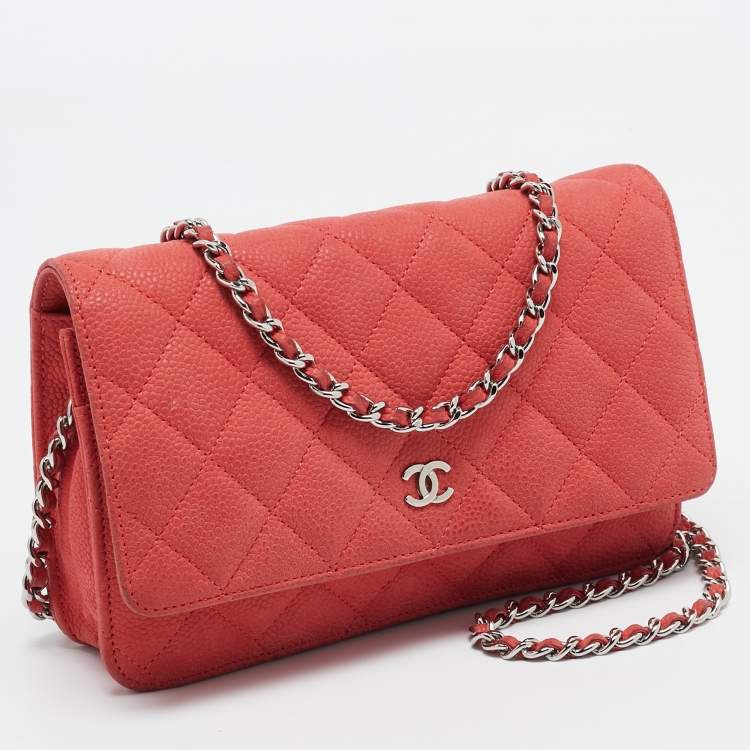 Pre Owned Chanel Coral Pink Quilted Caviar Leather CC Flap Wallet on Chain