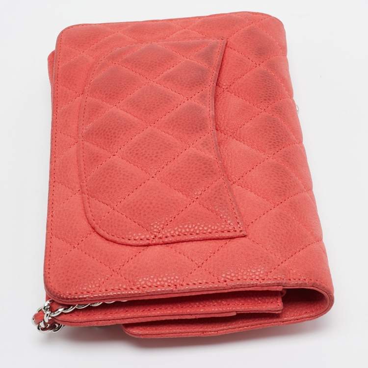 Pre Owned Chanel Coral Pink Quilted Caviar Leather CC Flap Wallet on Chain
