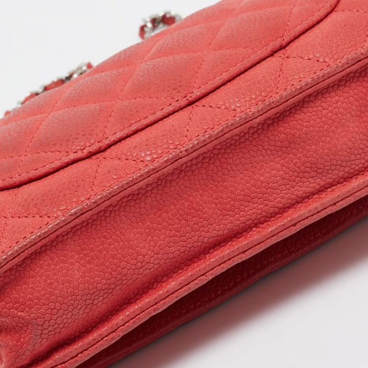 Pre Owned Chanel Coral Pink Quilted Caviar Leather CC Flap Wallet on Chain