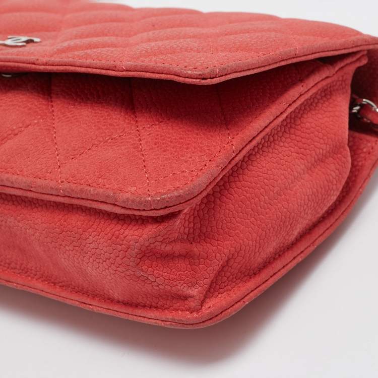 Pre Owned Chanel Coral Pink Quilted Caviar Leather CC Flap Wallet on Chain