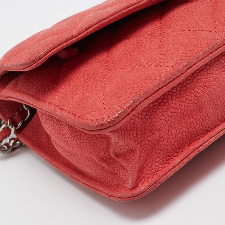 Pre Owned Chanel Coral Pink Quilted Caviar Leather CC Flap Wallet on Chain