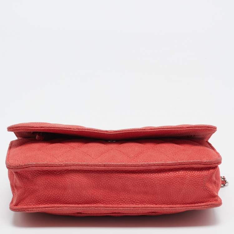 Pre Owned Chanel Coral Pink Quilted Caviar Leather CC Flap Wallet on Chain