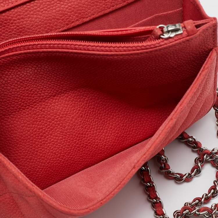 Pre Owned Chanel Coral Pink Quilted Caviar Leather CC Flap Wallet on Chain