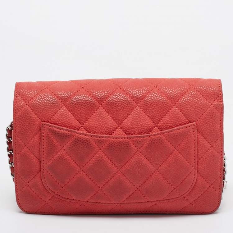Pre Owned Chanel Coral Pink Quilted Caviar Leather CC Flap Wallet on Chain