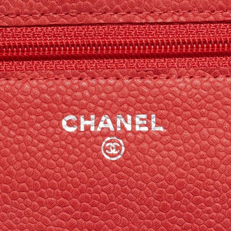 Pre Owned Chanel Coral Pink Quilted Caviar Leather CC Flap Wallet on Chain