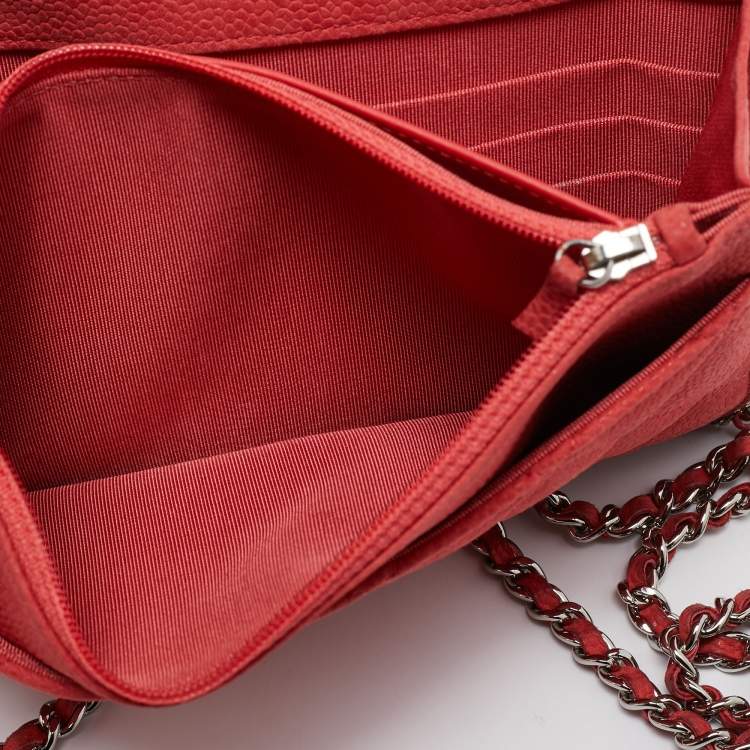 Pre Owned Chanel Coral Pink Quilted Caviar Leather CC Flap Wallet on Chain