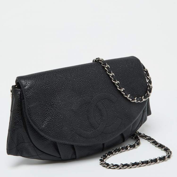 Pre Owned Chanel Black Caviar Leather Half Moon Wallet On Chain