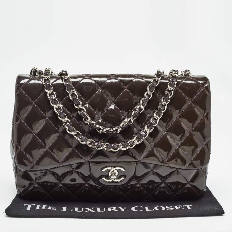 Pre Owned Chanel Plum Quilted Patent Leather Jumbo Classic Single Flap Bag
