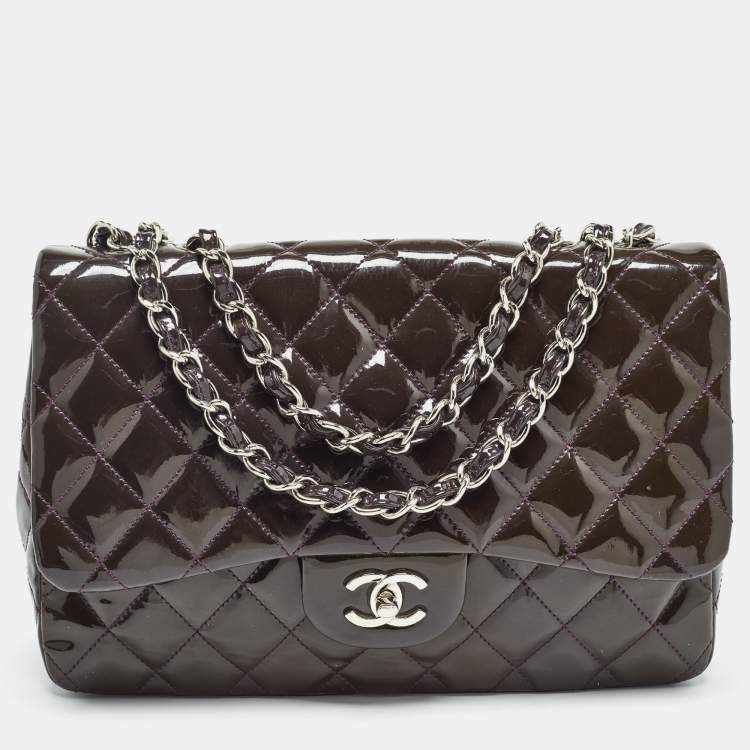 Pre Owned Chanel Plum Quilted Patent Leather Jumbo Classic Single Flap Bag