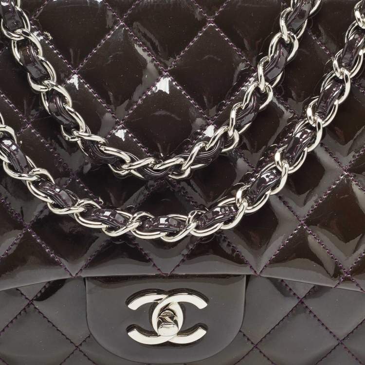 Pre Owned Chanel Plum Quilted Patent Leather Jumbo Classic Single Flap Bag