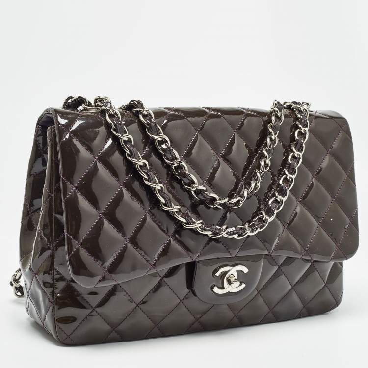 Pre Owned Chanel Plum Quilted Patent Leather Jumbo Classic Single Flap Bag
