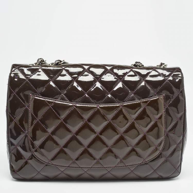 Pre Owned Chanel Plum Quilted Patent Leather Jumbo Classic Single Flap Bag