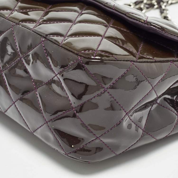 Pre Owned Chanel Plum Quilted Patent Leather Jumbo Classic Single Flap Bag