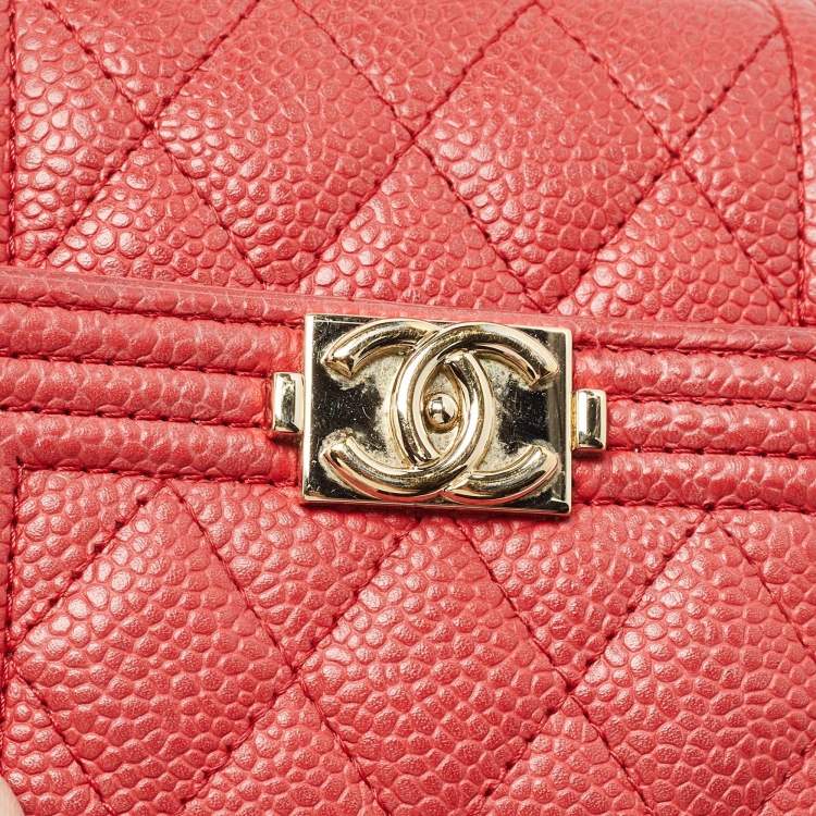Pre Owned Chanel Red Quilted Caviar Leather Boy Compact Wallet