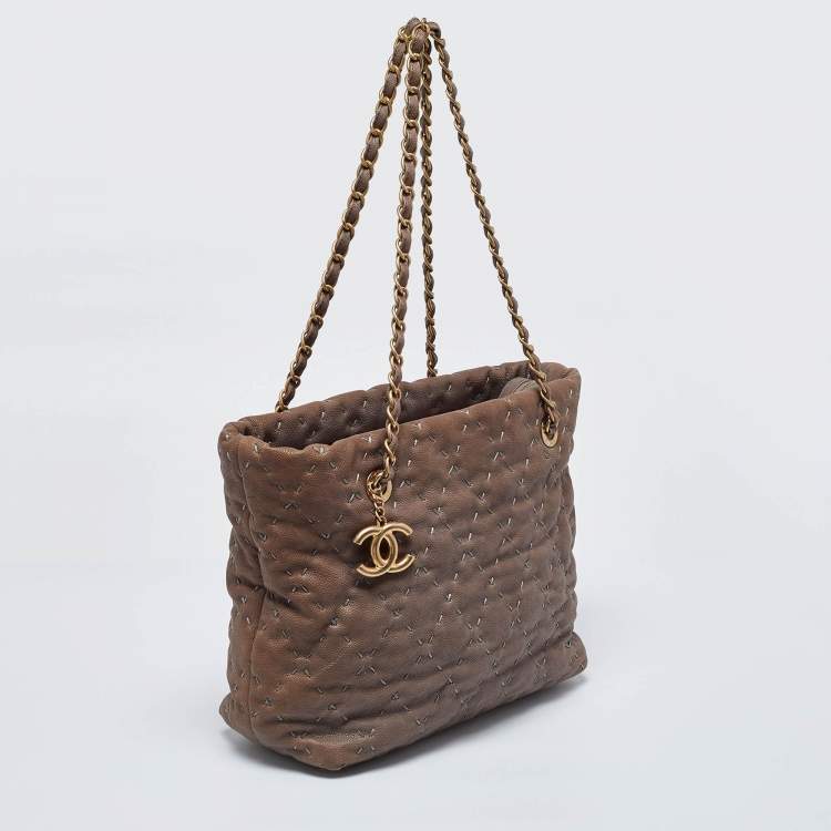 Pre Owned Chanel Brown Quilted Caviar Leather Wild Stitch Tote