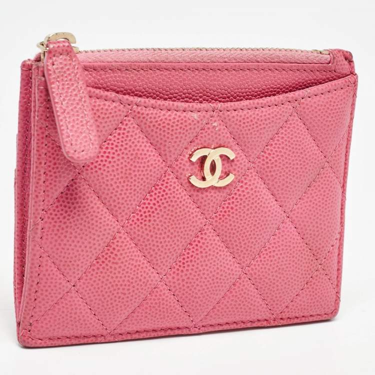 Pre Owned Chanel Pink Quilted Caviar Leather CC Zip Card Holder
