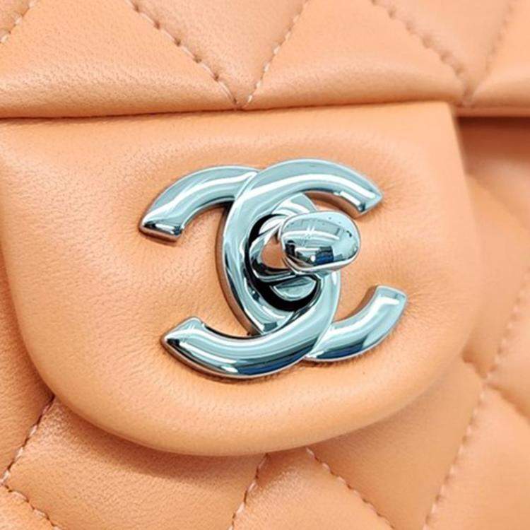 Pre Owned Chanel Orange Lambskin Medium Classic Flap Bag