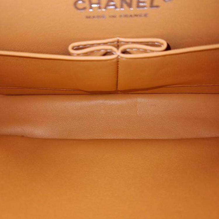 Pre Owned Chanel Orange Lambskin Medium Classic Flap Bag
