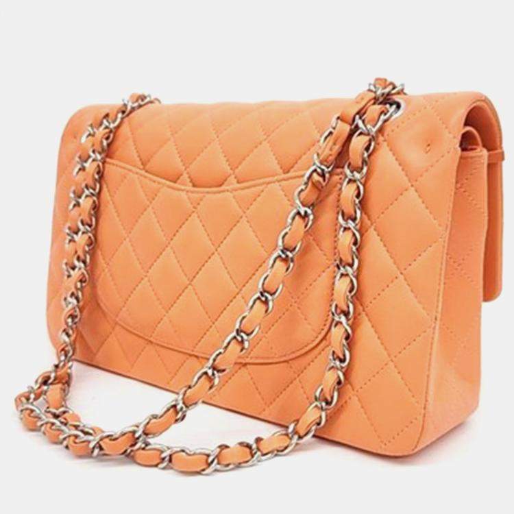 Pre Owned Chanel Orange Lambskin Medium Classic Flap Bag