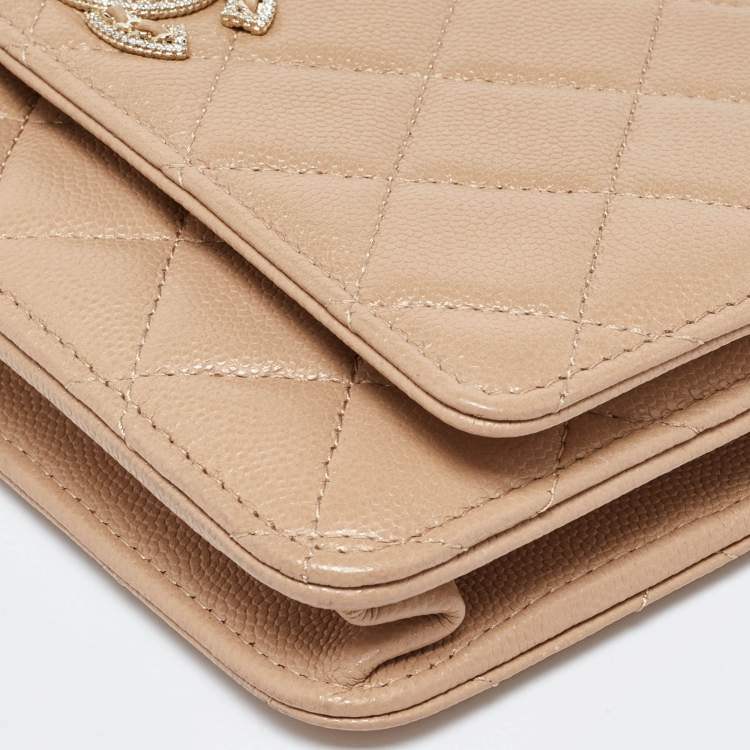 Pre Owned Chanel Beige Quilted Caviar Leather CC Wallet on Chain 