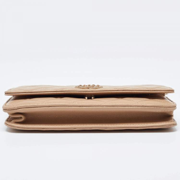 Pre Owned Chanel Beige Quilted Caviar Leather CC Wallet on Chain 