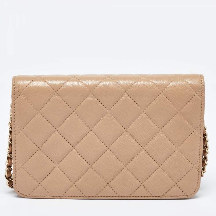 Pre Owned Chanel Beige Quilted Caviar Leather CC Wallet on Chain 