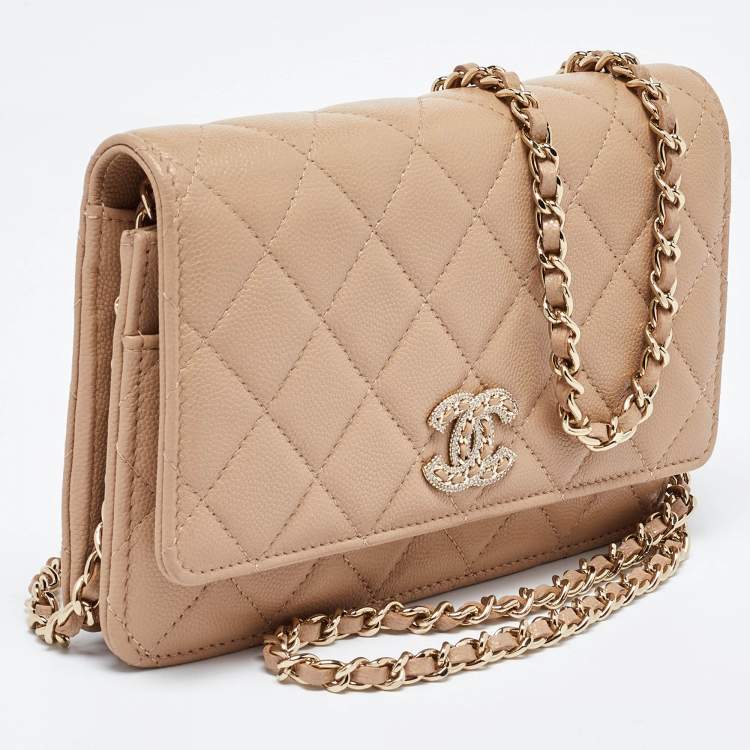 Pre Owned Chanel Beige Quilted Caviar Leather CC Wallet on Chain 