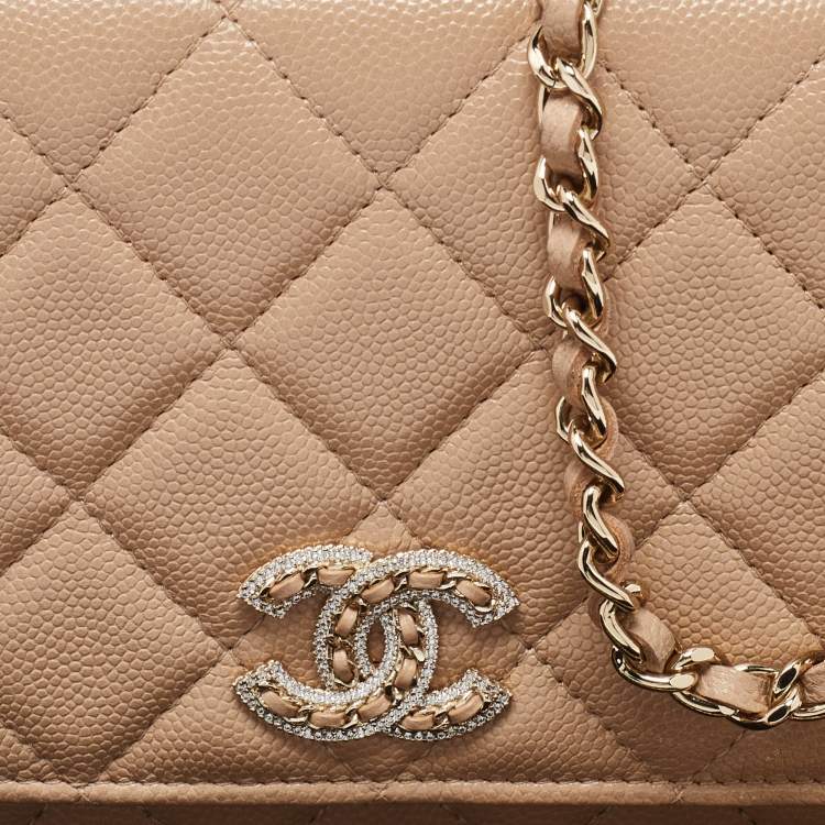 Pre Owned Chanel Beige Quilted Caviar Leather CC Wallet on Chain 