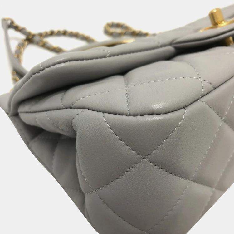 Pre Owned Chanel Grey Calfskin Quilted Small Lady Handle Clutch With Chain 