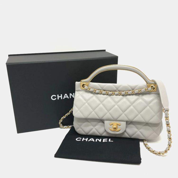 Pre Owned Chanel Grey Calfskin Quilted Small Lady Handle Clutch With Chain 