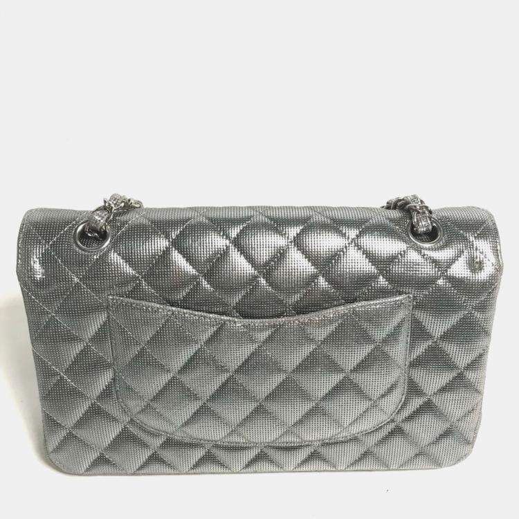 Pre Owned Chanel Metallic Silver Quilted Calfskin Pixel Effect Medium Classic Double Flap Bag