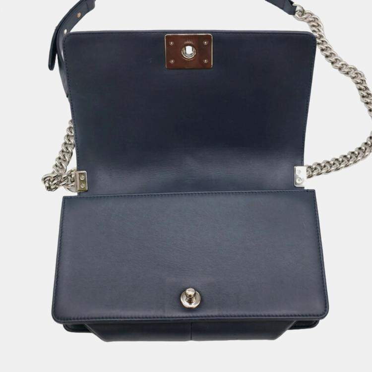 Pre Owned Chanel Navy Blue Lambskin Leather Medium Chevron Boy Shoulder Bag