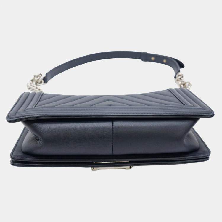 Pre Owned Chanel Navy Blue Lambskin Leather Medium Chevron Boy Shoulder Bag