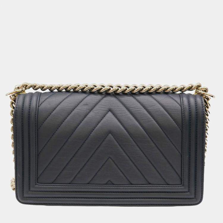 Pre Owned Chanel Navy Blue Lambskin Leather Medium Chevron Boy Shoulder Bag