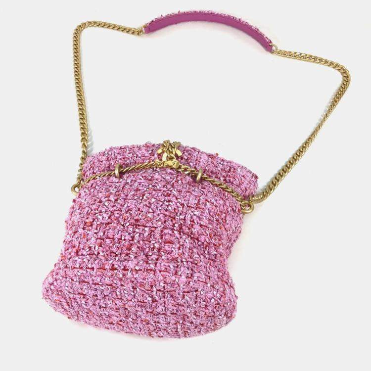Pre Owned Chanel Tweed Enamel Quilted Pending CC Bucket Drawstring Shoulder Bags