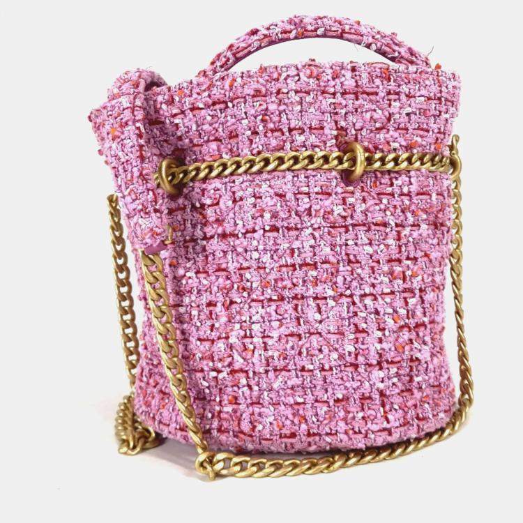 Pre Owned Chanel Tweed Enamel Quilted Pending CC Bucket Drawstring Shoulder Bags