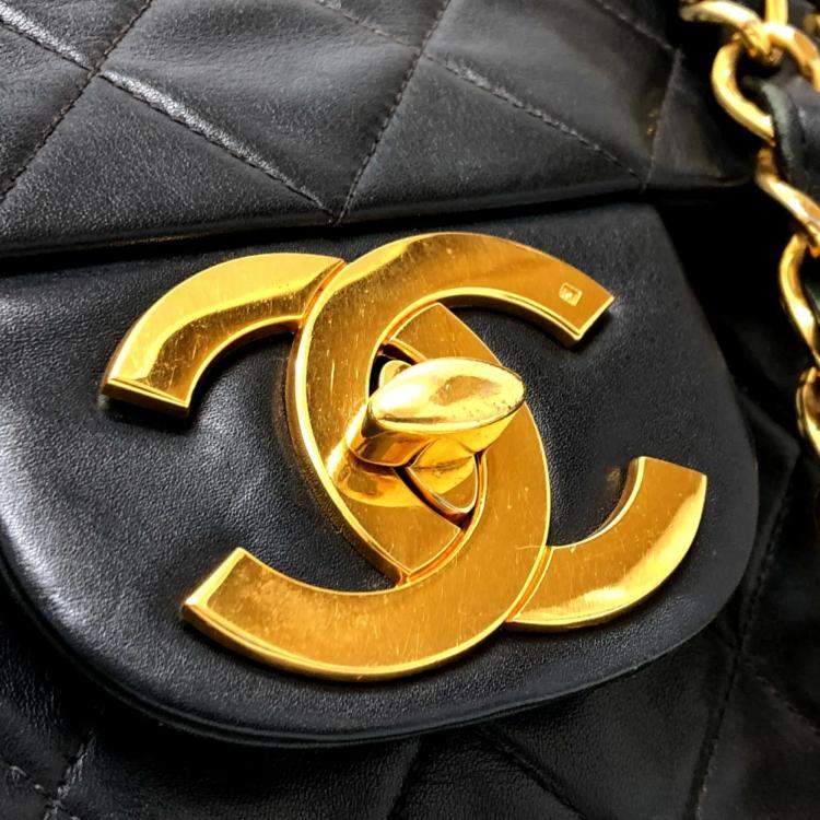 Pre Owned Chanel Black Quilted Lambskin Maxi Jumbo XL Classic Single Flap Bag