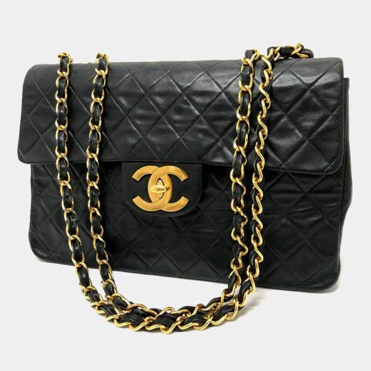 Pre Owned Chanel Black Quilted Lambskin Maxi Jumbo XL Classic Single Flap Bag