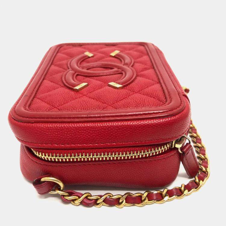 Pre Owned Chanel Red Leather Small Filigree Shoulder Bag