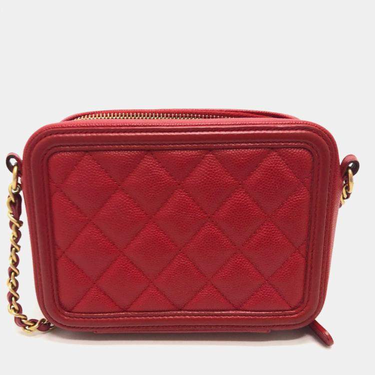 Pre Owned Chanel Red Leather Small Filigree Shoulder Bag