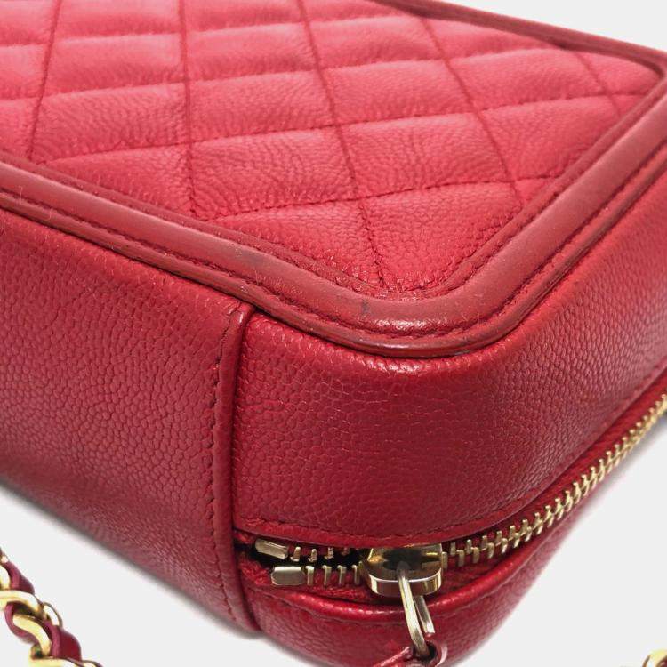 Pre Owned Chanel Red Leather Small Filigree Shoulder Bag