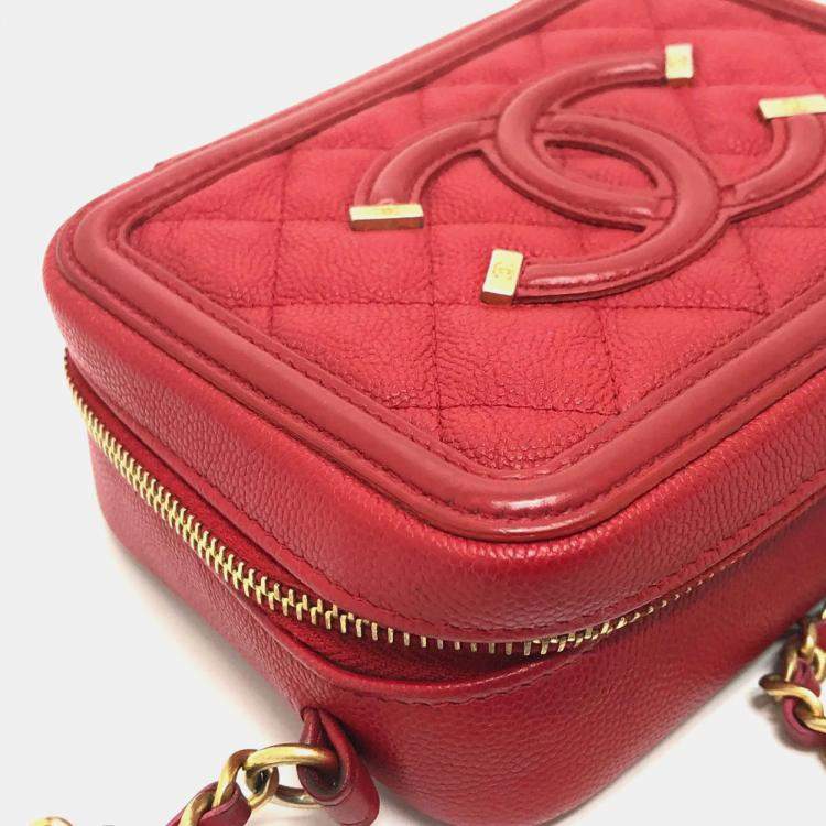 Pre Owned Chanel Red Leather Small Filigree Shoulder Bag
